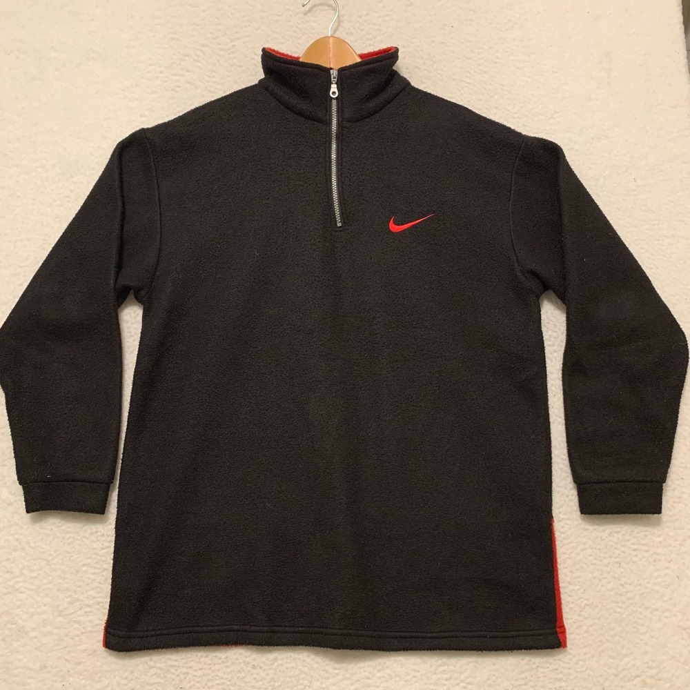 Vintage Nike Fleece 1/4 Zip Pullover Mens M Black Red Swoosh Mockneck 90s
